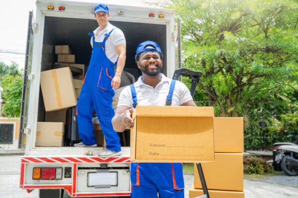 Two removal company workers are unloading boxes from a mini truck into new home. Two removal company workers are unloading boxes from a mini truck into new home.